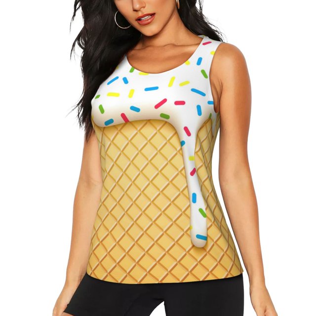 Fotbe White Ice Cream Blusas Sin Mangas para Mujer – Estilo Casual, Corte Suelto, Slim-Fit, Cuello Redondo Deportivo, Tops de Verano para Gimnasio y Yoga-Small