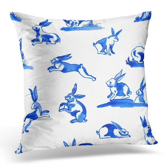 BSDHOME Delft Blue Style Watercolour Traditional Dutch Tiles with Rabbits Hares Bunnies Cobalt on White Pillow Case Pillow Cover 20x20 inch