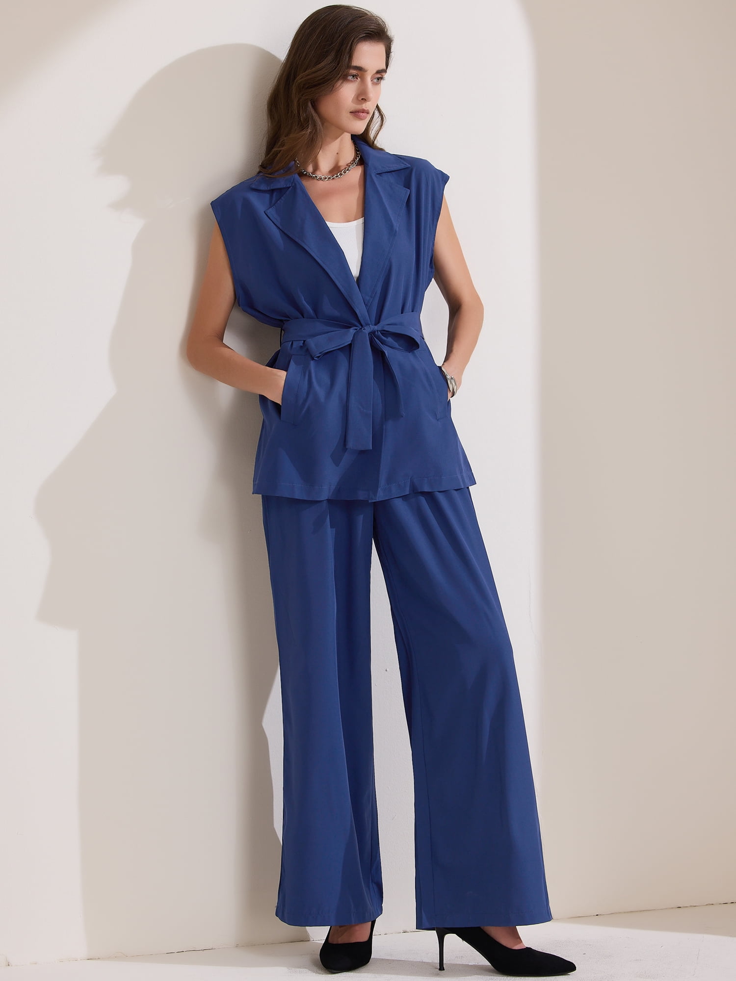 DARING DIVA Women's 2 Pcs Sleeveless Vest Wide Leg Pants S Navy Blue