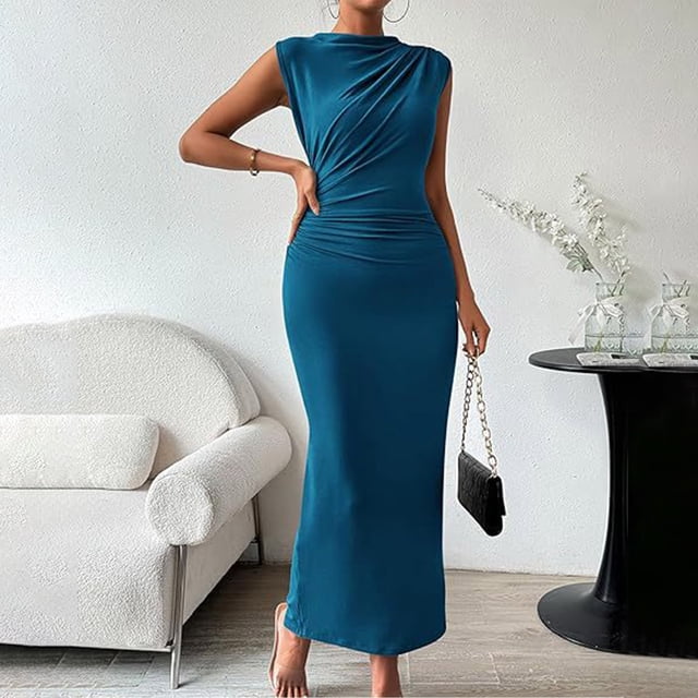 Gspmoly Robes pour Femmes, Mode Femme Été Floral Col Rond Sans Manches Plis Fente au Dos Taille Robes Robes d'Été pour Femmes jusqu'à 65 % de Rabais