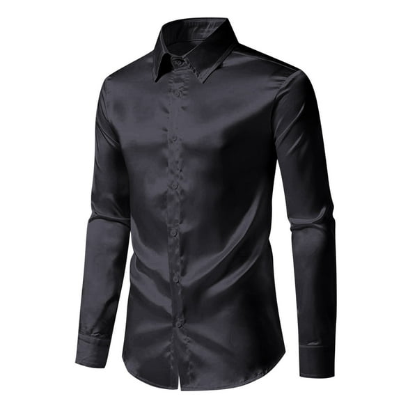 USNSM Men's Formal Business Fancy Party Prom Dress Shirt Luxury Satin Shinny Silk T-Shirt Slim Fit Turndown Collar Button Up Long Sleeve Tees Tops Black 2XL