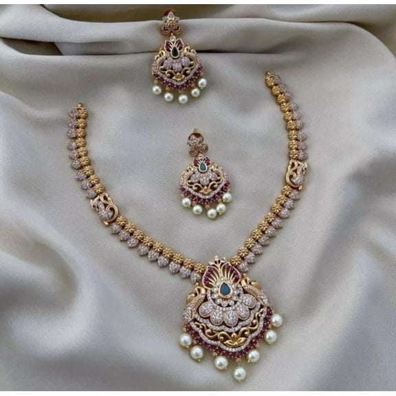 Haya Jewel South Indian Bollywood Peacock Design Matte Gold Plated Short Necklace Set with Green, Ruby & White Stones, Pearl & Jhumur Pendant – Brass AD CZ Jewelry with Matching Peacock Drop Earrings