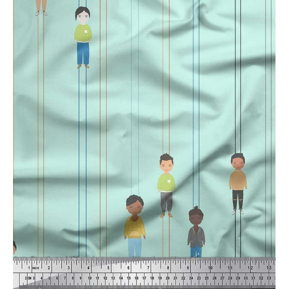 Soimoi Green Cotton Voile Fabric Stripe & Mens Human Figure Print Fabric by the Yard 42 Inch Wide