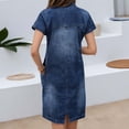 thumbnail image 4 of Korean Style V-Neck Denim Midi Dress for Women Summer Short Sleeve Form Fitting A-Line Casual Jean Skirt, 4 of 6