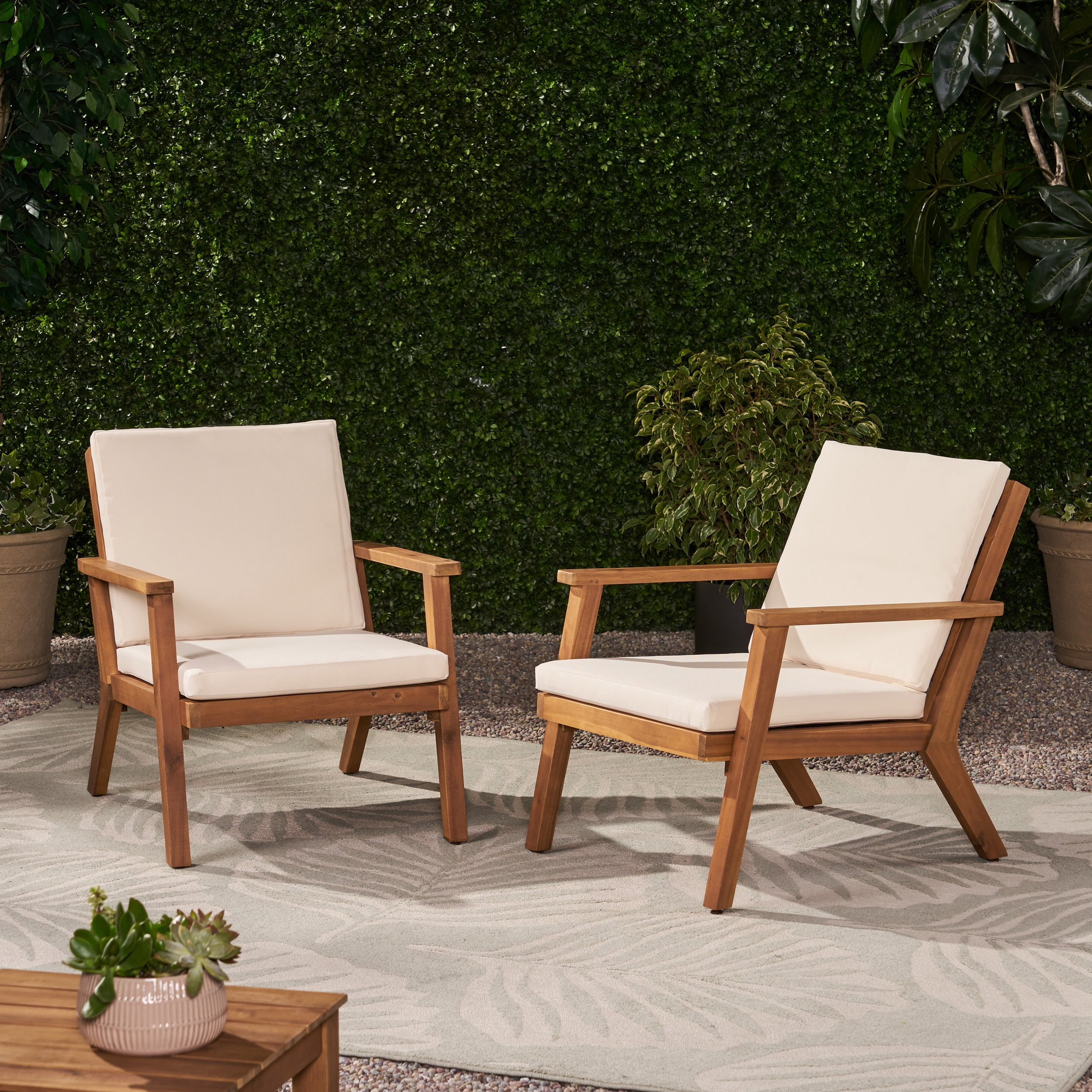 Outdoor Cushioned Single Chair Set of 2, Acacia Wood Frame Relaxing Seats for Patio Garden, Teak and Cream