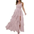 thumbnail image 2 of RYRJJ Tiered Tulle Prom Dress for Women Elegant Evening Maxi Dresses Halter V-Neck Formal Party Ball Gowns with Slit(Pink,M), 2 of 9
