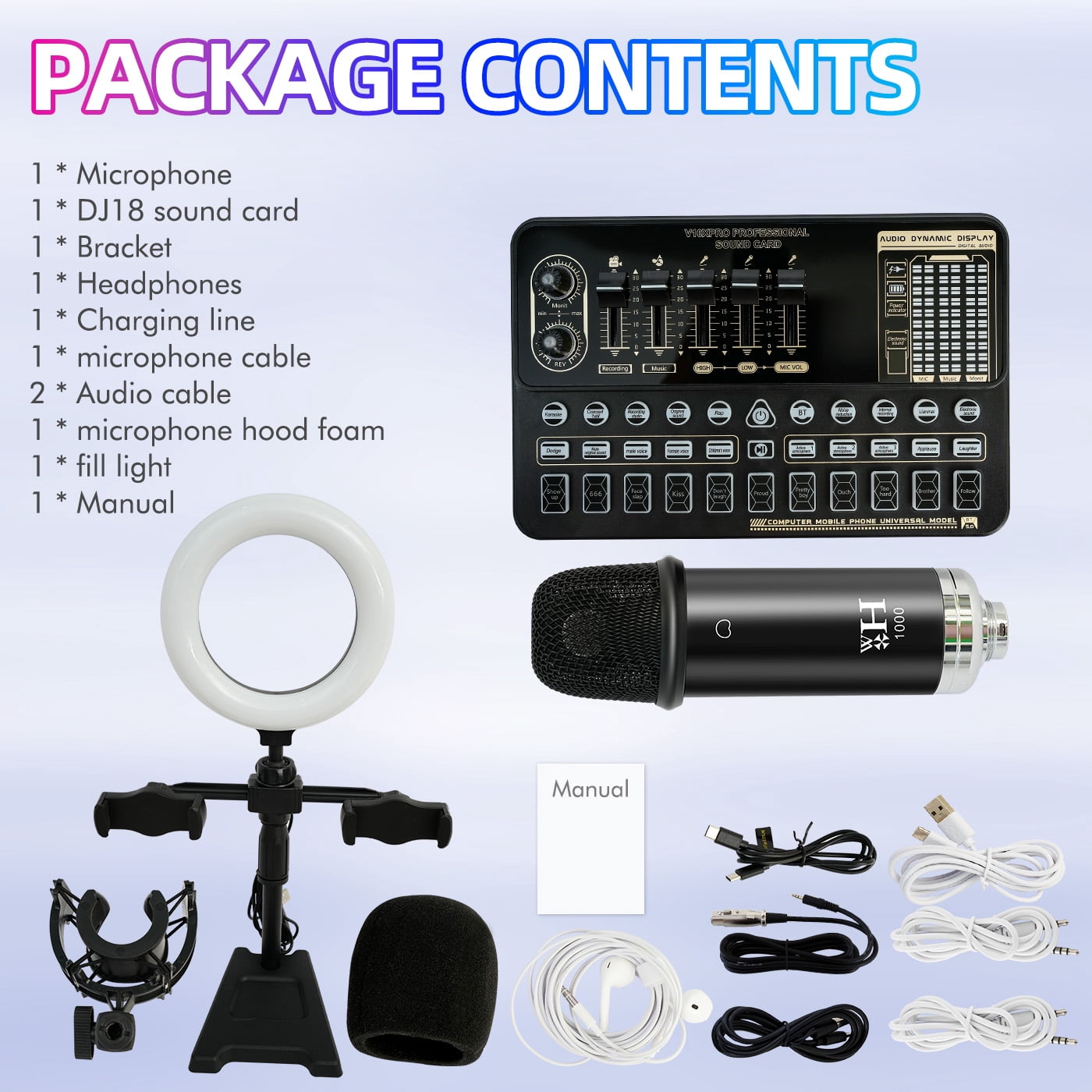 Podcast Equipment Bundle, WXH1000 Microphones for DJ18 Live Sound Card, Perfect for Podcasting, Recording, Singing, Streaming