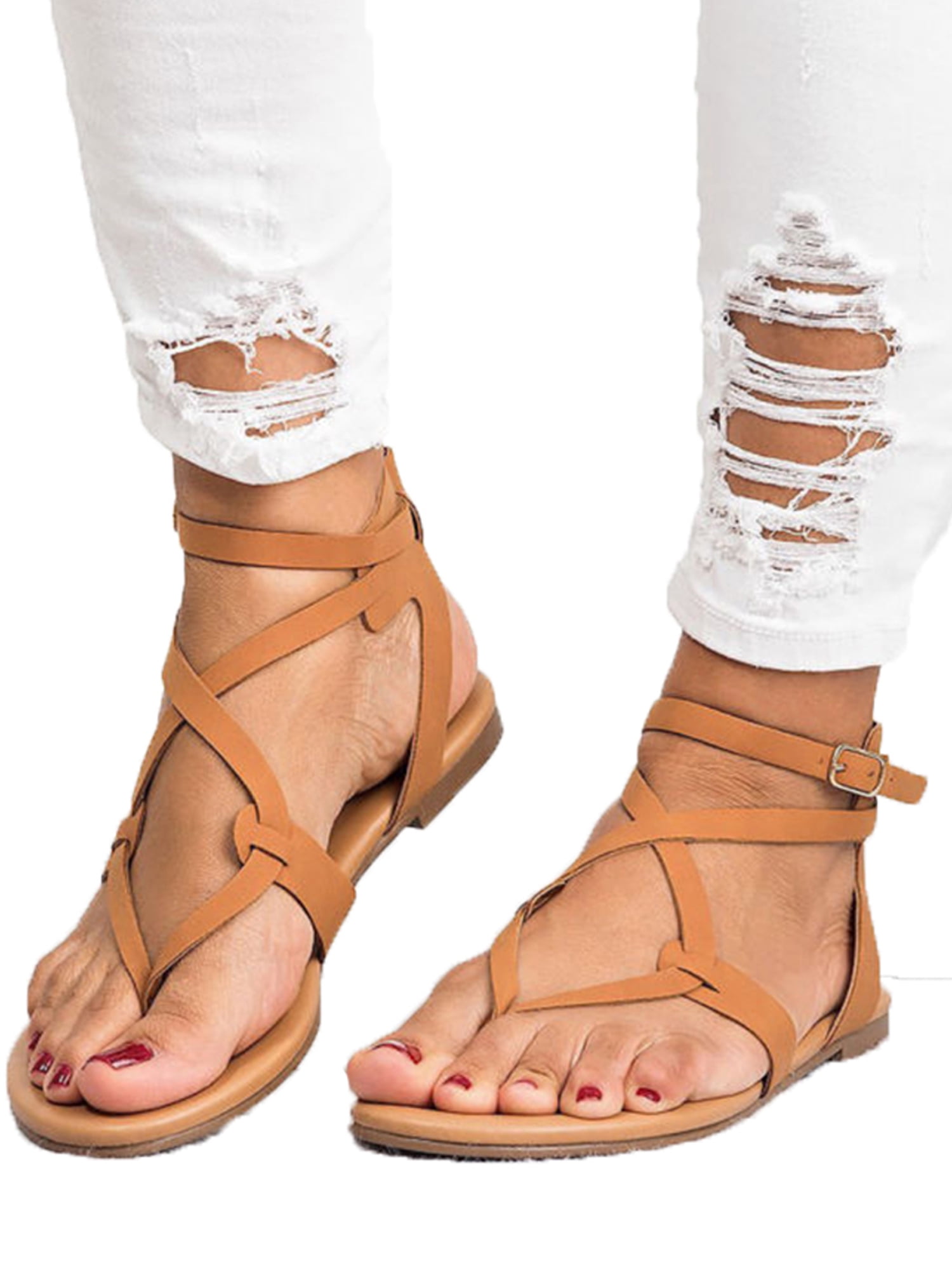 Women Sandals Ruffles Flat Sandals Lace Up Ladies Gladiator Sandals Summer Shoes Sandalia,Pink,43 