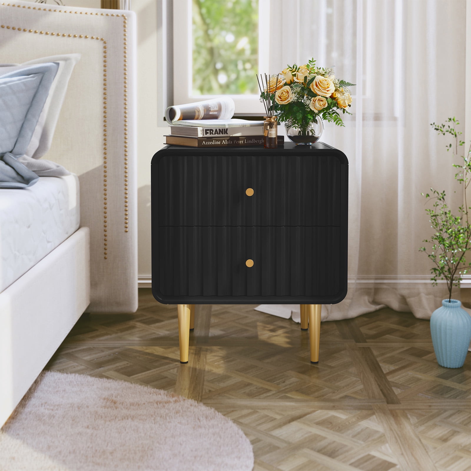 CBJCBJ 20" Modern Fluted Nightstand Set of 1, black Wood Bedside Table with 2 Drawers & Gold Metal Handles（Black）