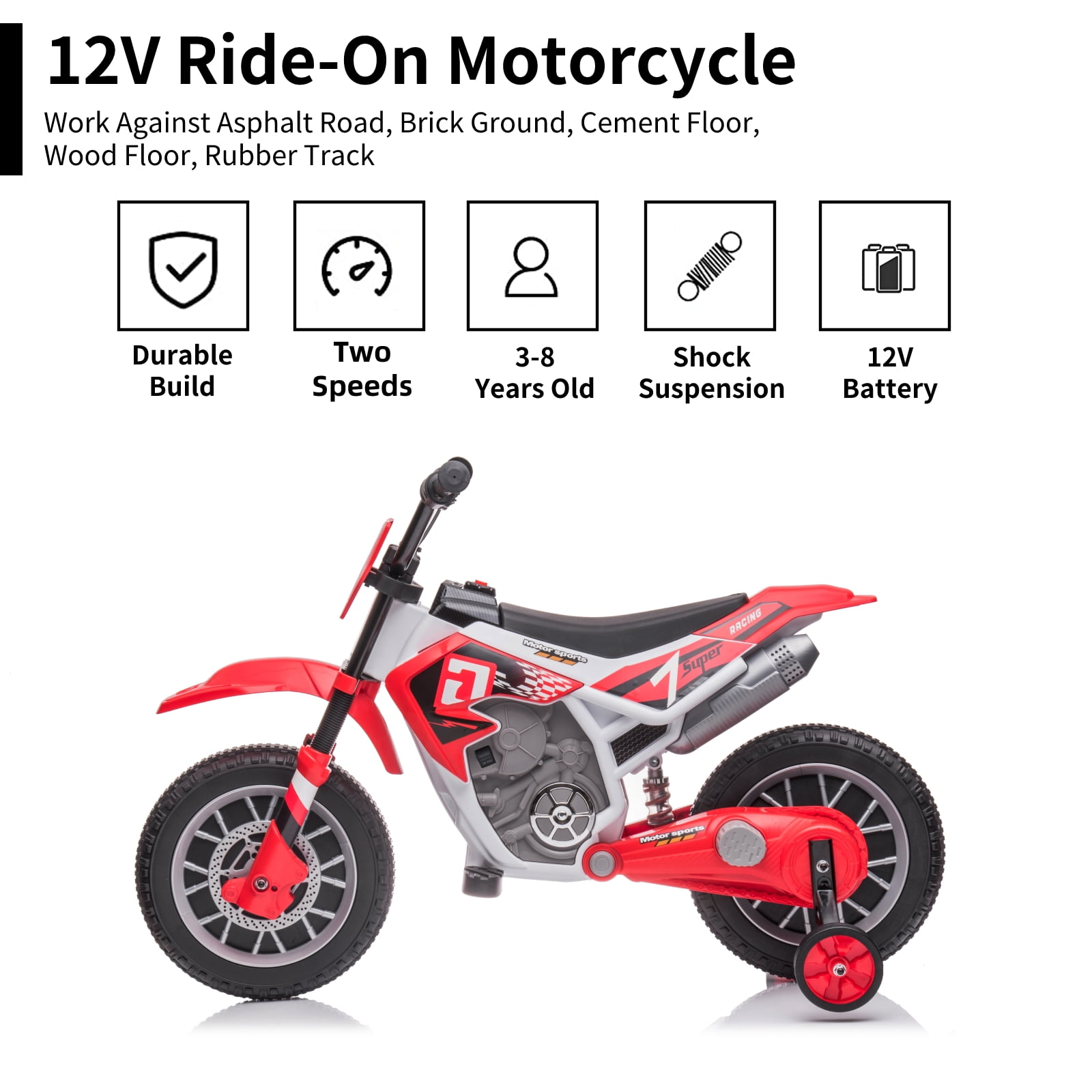 LUIBAS 12V Kids Ride On Electric Motorcycle, Battery Powered Electric Dirt Bike, Off-Road Street Bike Ride on Car with Training Wheels, Spring Suspension, High/Low Speeds, Built-in Music, Red