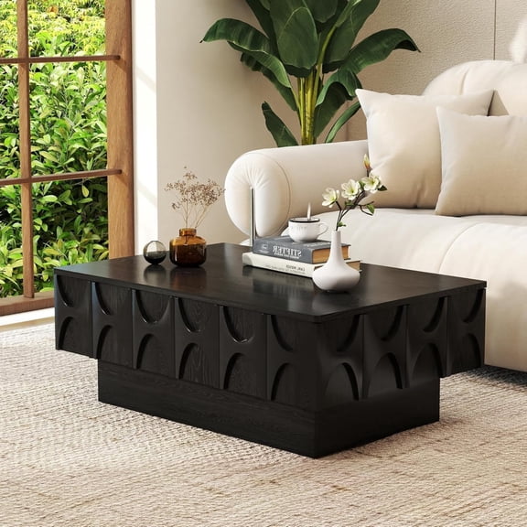 LKTART 38.6" Modern Coffee Table with Sliding Top & Hidden Storage, Solid Wood Veneer Mid Century Rectangle Center Table for Living Room Home Office, Black
