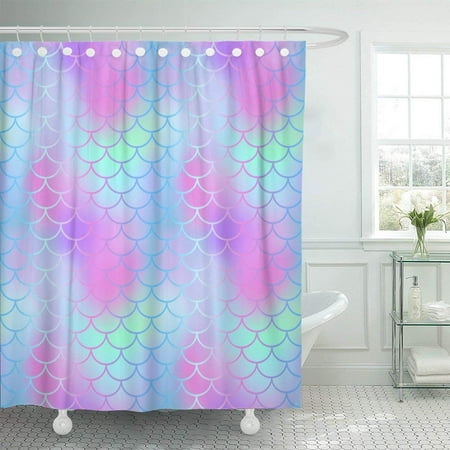 WOPOP Pink Magic Mermaid Tail Fish Scale for Beach Party Summer Wedding Romantic Gradient Mesh with Blue Shower Curtain 60x72 inch