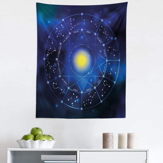 Constellation Tapestry, Illustration of Zodiac Signs in Geometric Circle Horoscopes Sun, Fabric Wall Hanging Decor for Bedroom Living Room Dorm, 5 Sizes, Pale Blue Indigo Yellow, by Ambesonne