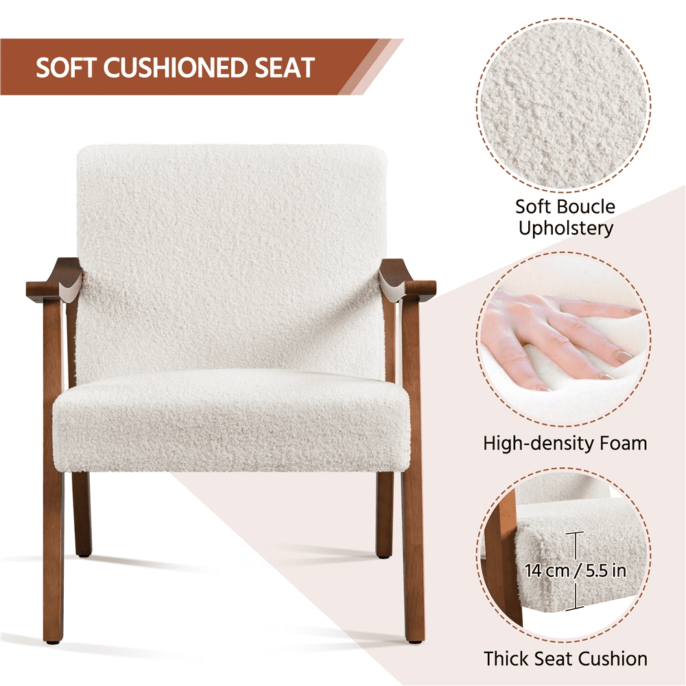 Alden Design Mid-Century Modern Accent Chair with Wooden Frame, Ivory Boucle Fabric
