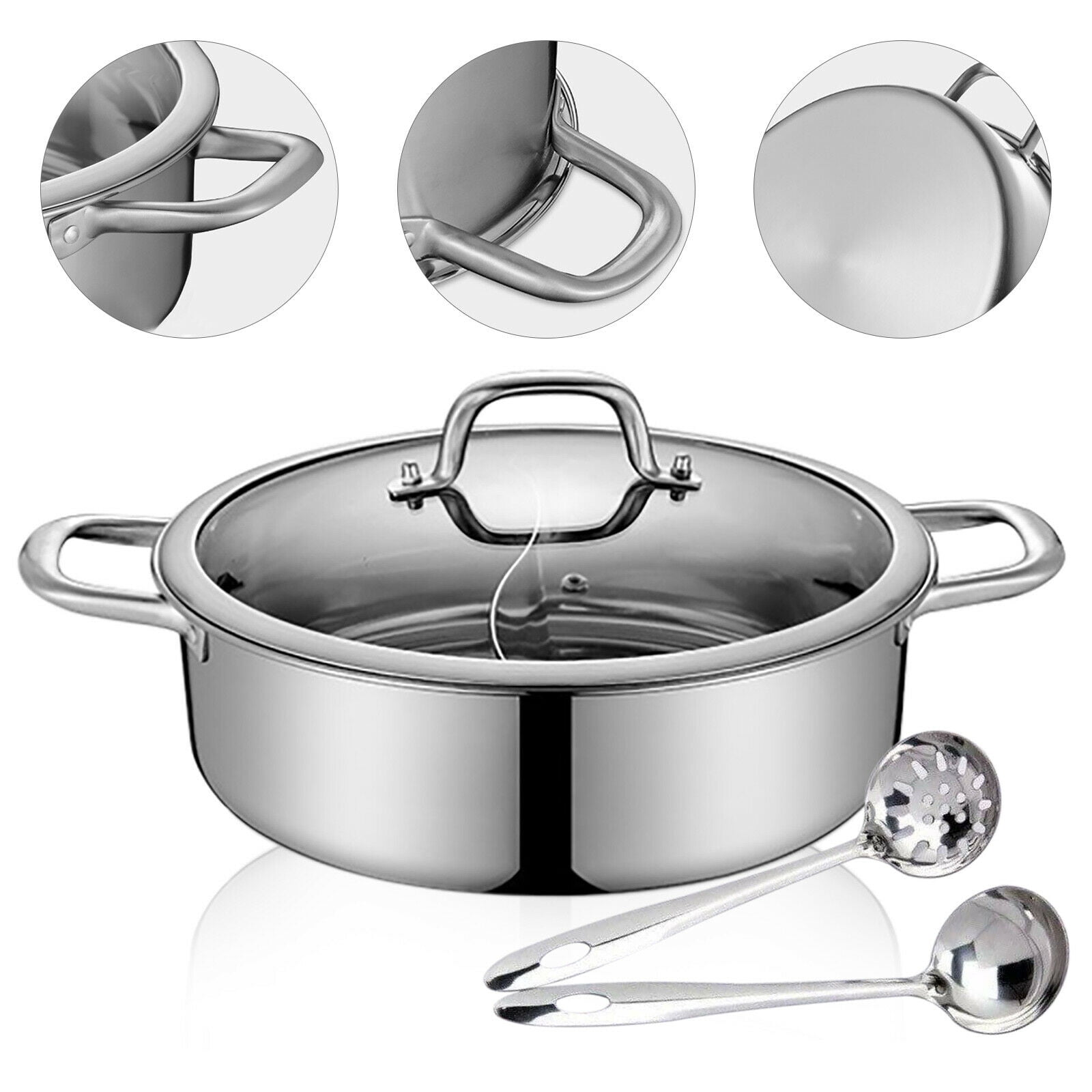 DENEST 304 Stainless Steel Shabu Dual Sided divider Cooking Soup Hot Pot Cookware with Lid