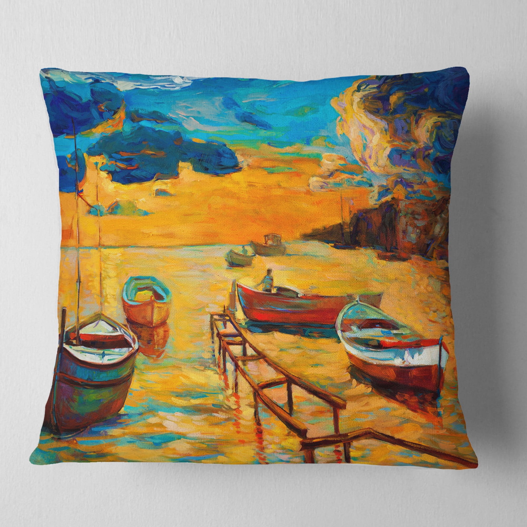 Designart Boats in Beautiful Sea - Seascape Throw Pillow - 16x16