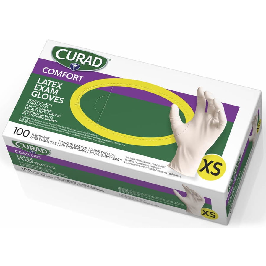 CURAD Comfort Powder Free Latex Exam Gloves, Size XS, 100 Count