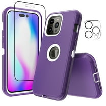 NIFFPD 14 Pro Max Case with Screen Protector   Camera Lens Protector, Heavy Duty Hard Shockproof Phone Case for 14 Pro Max 6.7" Purple White