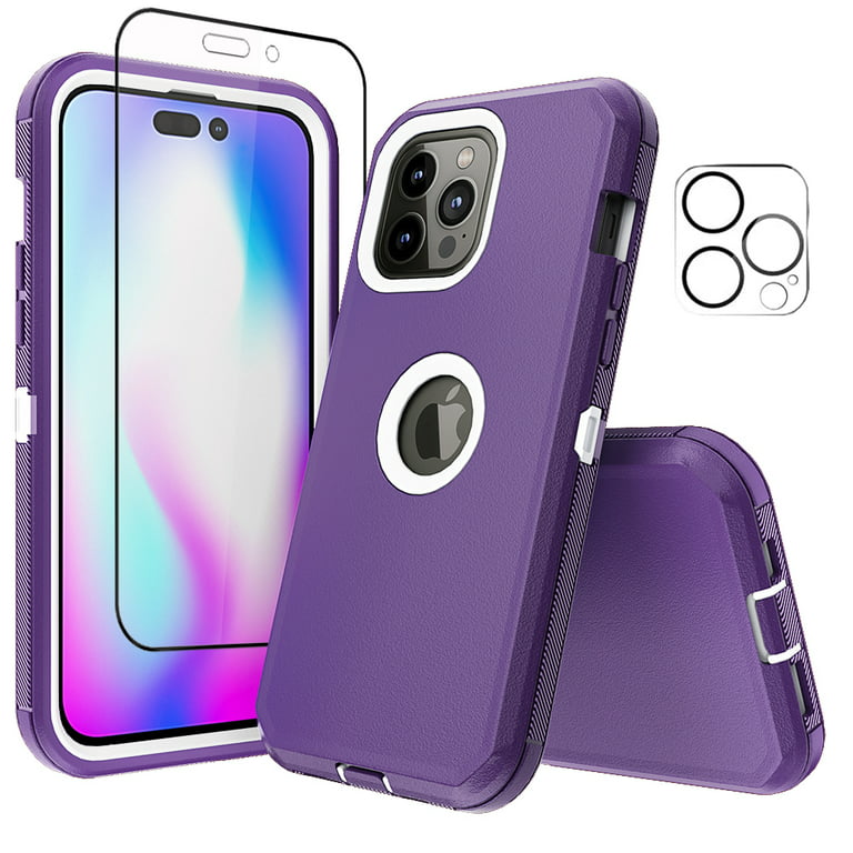 NIFFPD iPhone 14 Pro Max Case with Screen Protector + Camera Lens  Protector, Heavy Duty Hard Shockproof Phone Case for iPhone 14 Pro Max 6.7  Purple+White 