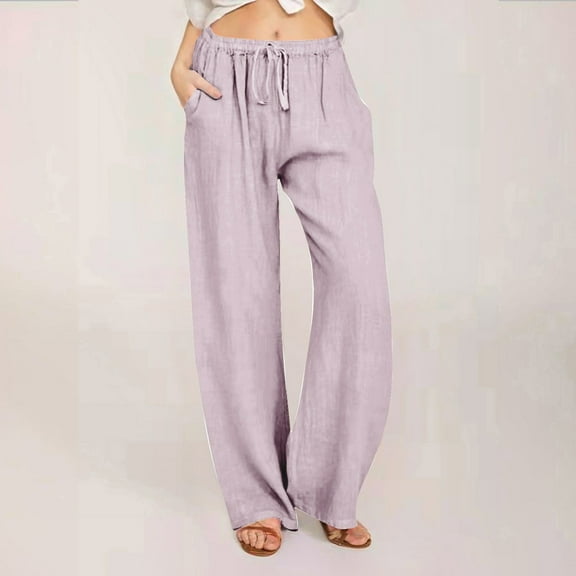 Women's Casual Cotton Linen Mid-Waisted Wide-Leg Pants with Drawstring Elastic Waist,Comfortable Relaxed Fit Long Pants