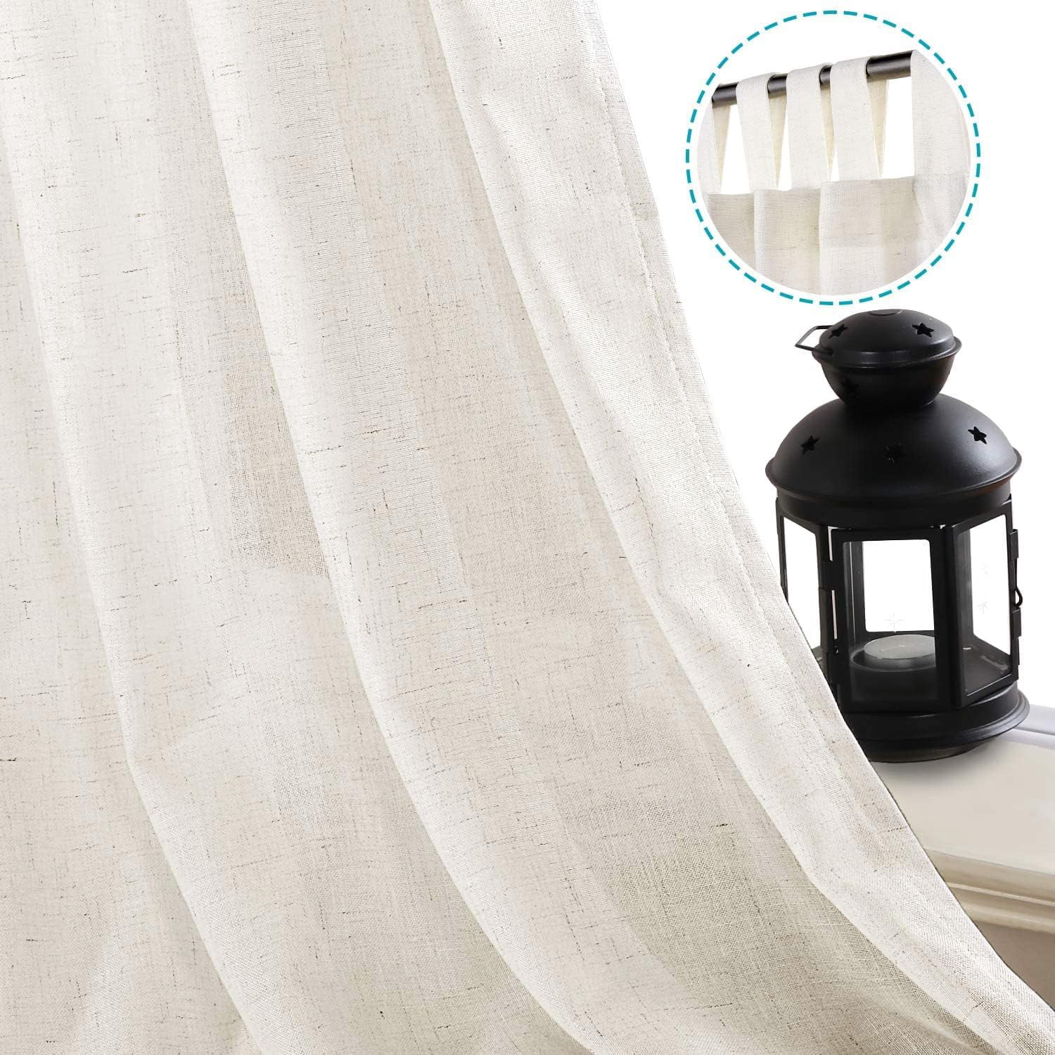 PrimeBeau Natural Linen Texture Tab Top Sheer Privacy Window Curtains Panels, 52" W x 63" L