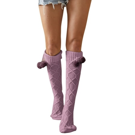 

Women Socks Casual Autumn And Winter Solid Color Knitted Ball Pattern Stockings Soft Cozy Socks