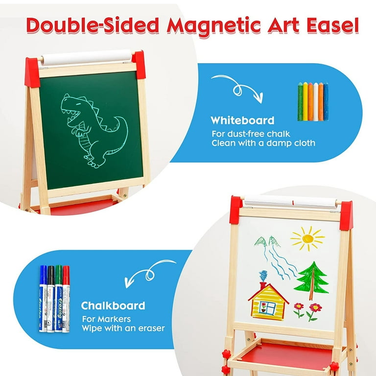 Kids Art Easel with Paper Roll Art Standing Easel Double-Sided Whiteboard &  Chalkboard & Roll Paper Drawing Board Standing Easel with Accessories for