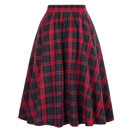 Lndajk Women's Vintage Plaid A-Line Skirt: High Waist, Athletic Style Midi Pleated Skirt for Casual Fashion Red 2XL