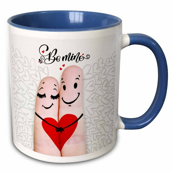 3drose, Faces Drawn on Fingers for a Be Mine Valentine Happy Couple in Love, 11oz Two-tone Blue Mug