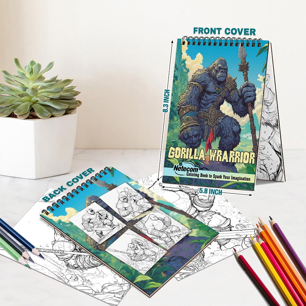 Netecom Gorilla Warrior Coloring Book for Adults, A5 Wooden Cover, 30 Bold and Dynamic Coloring Pages of Mighty Gorilla Warriors for Stress Relief and Relaxation, Spiral Bound Edition