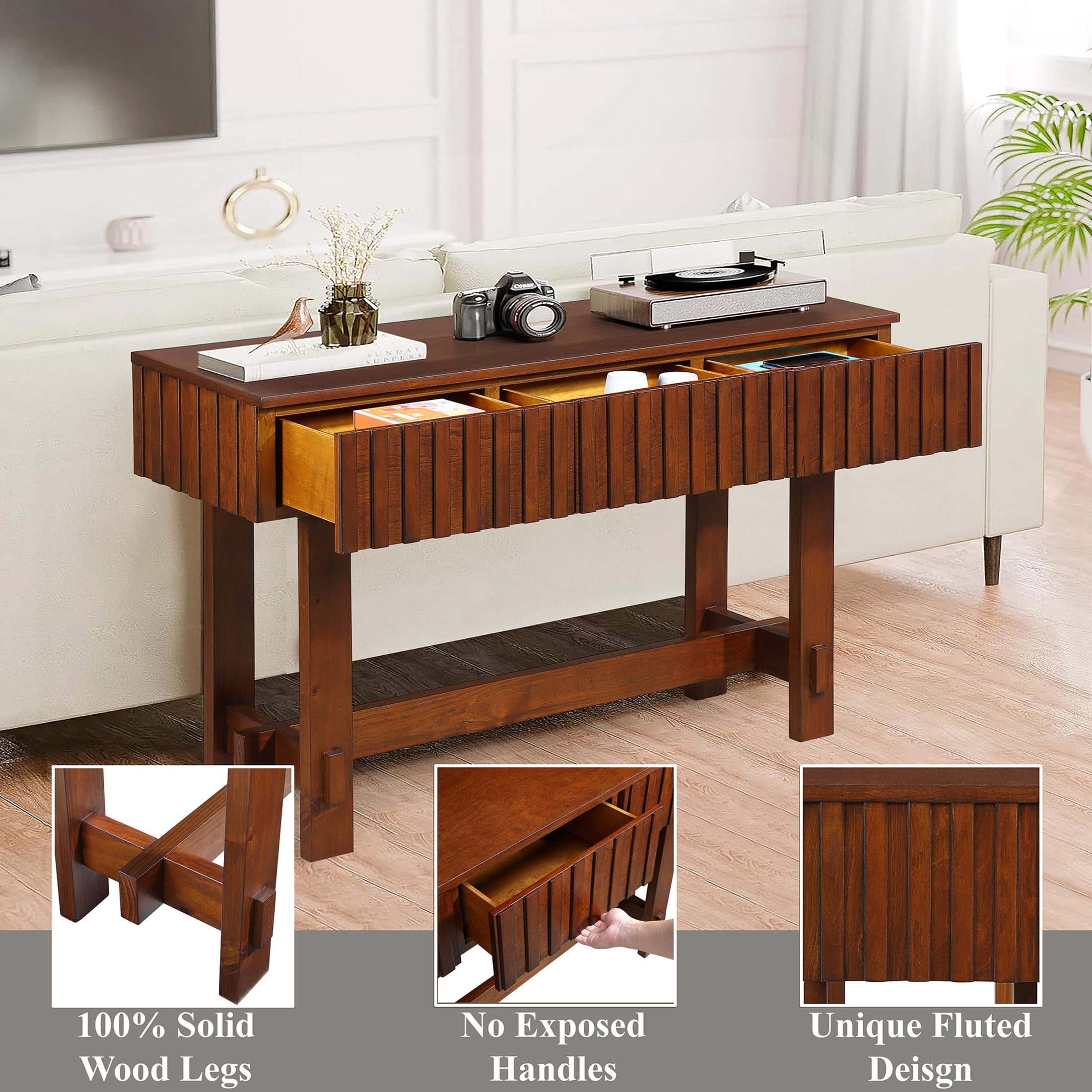 Noble House Ernestine Console Table, Pine Wood Frame with Drawers and Shelf, Half Moon Entryway Table, Cherry