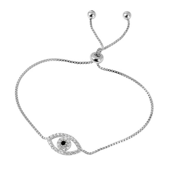 Clear Cubic Zirconia Evil Eye Tassel Bracelet Rhodium Plated Sterling Silver