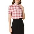 thumbnail image 1 of Blusa de Cuello con Corbata de Cuadros INSPIRE CHIC para Mujeres, Retro, de Manga Corta con Volantes, Color Rojo S, 1 of 7