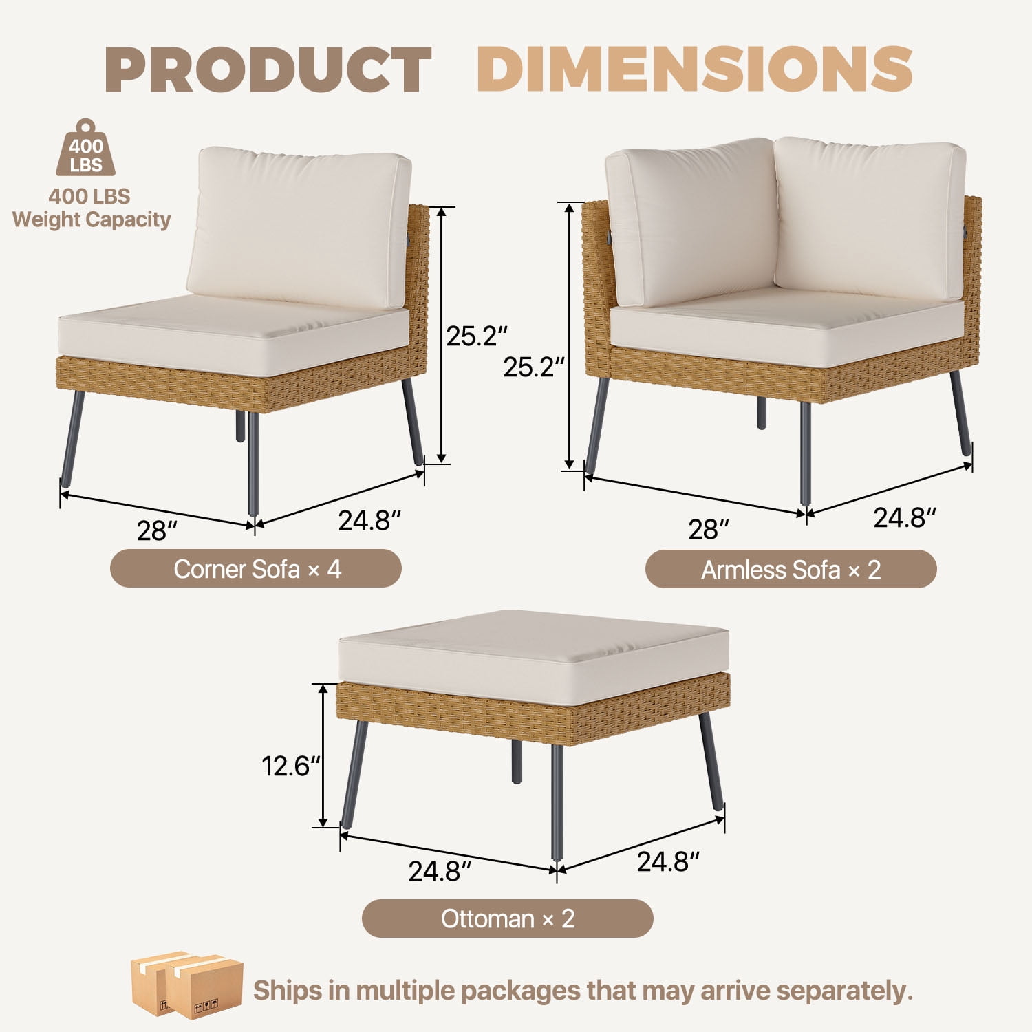 BaPiPro 8-Piece Modular Outdoor PE Rattan Sectional Sofa Set, All Weather Patio Furniture with Removable 4" High Density Cushions & 2 Multifunctional Ottomans for Backyard Garden Courtyard, Beige