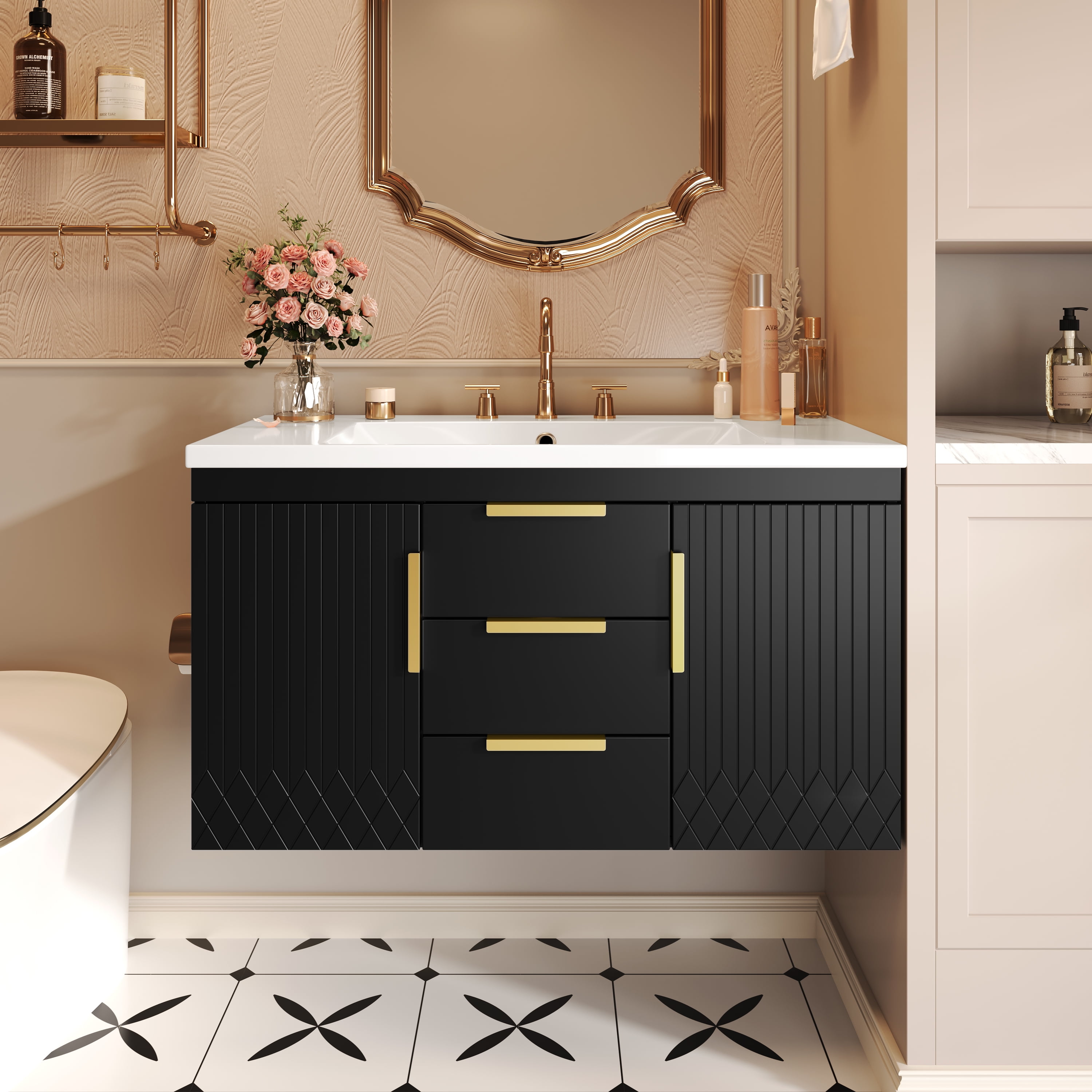 Euroco 36-Inch Wall-Mounted Bathroom Vanity with Resin Sink – Modern Floating Cabinet with Soft-Close Doors and High-Quality Construction