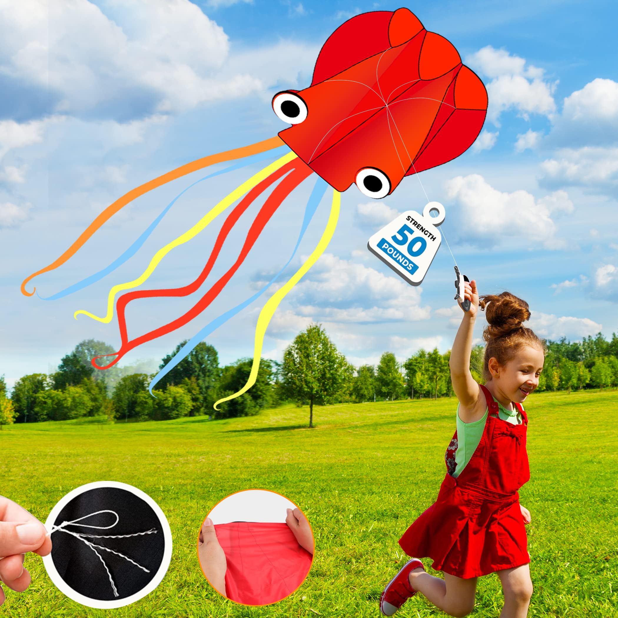 4 Pack Kites - Large Fire Dragon Kite Green Snake Kite Devil Fish Kite Red Mollusc Octopus with Long Colorful Tail for Kids Adults Outdoor Game Activities