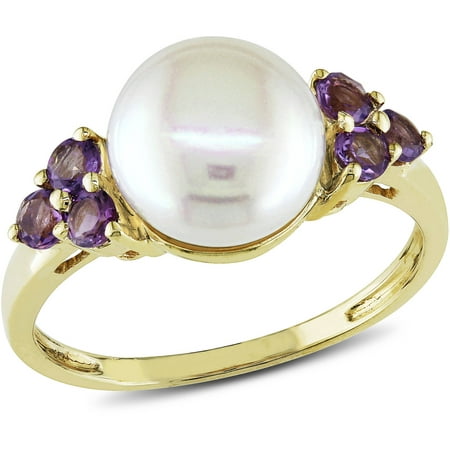 8-8.5mm White Cultured Freshwater Pearl and 1/4 Carat T.G.W. Amethyst 10kt Yellow Gold Cocktail Ring