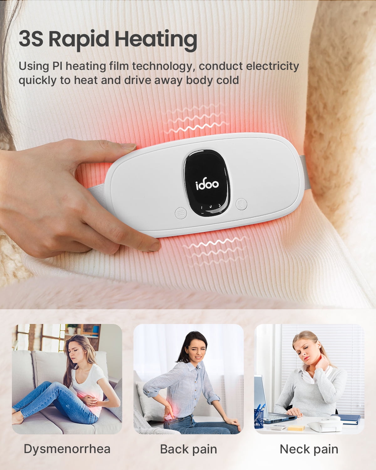 iDOO Cordless Heating Pad for Period Cramps, 3 Heat Setting, 3 Massage Modes,Birthday Mothers Day Gifts for Girlfriend Mom Wife Women, FSA HSA Eligible, White