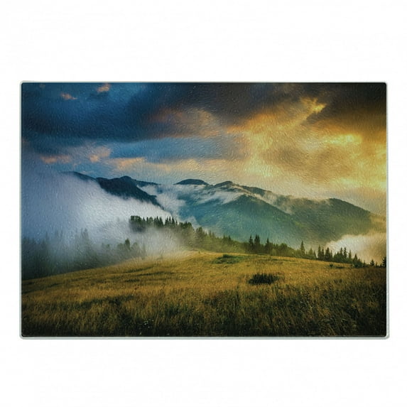 Landscape Cutting Board, Rural Scenery Sunrise Misty Mountains Clouds Trees Wildgrass Field Photo, Decorative Tempered Glass Cutting and Serving Board, Small Size, Yellow Blue Green, by Ambesonne