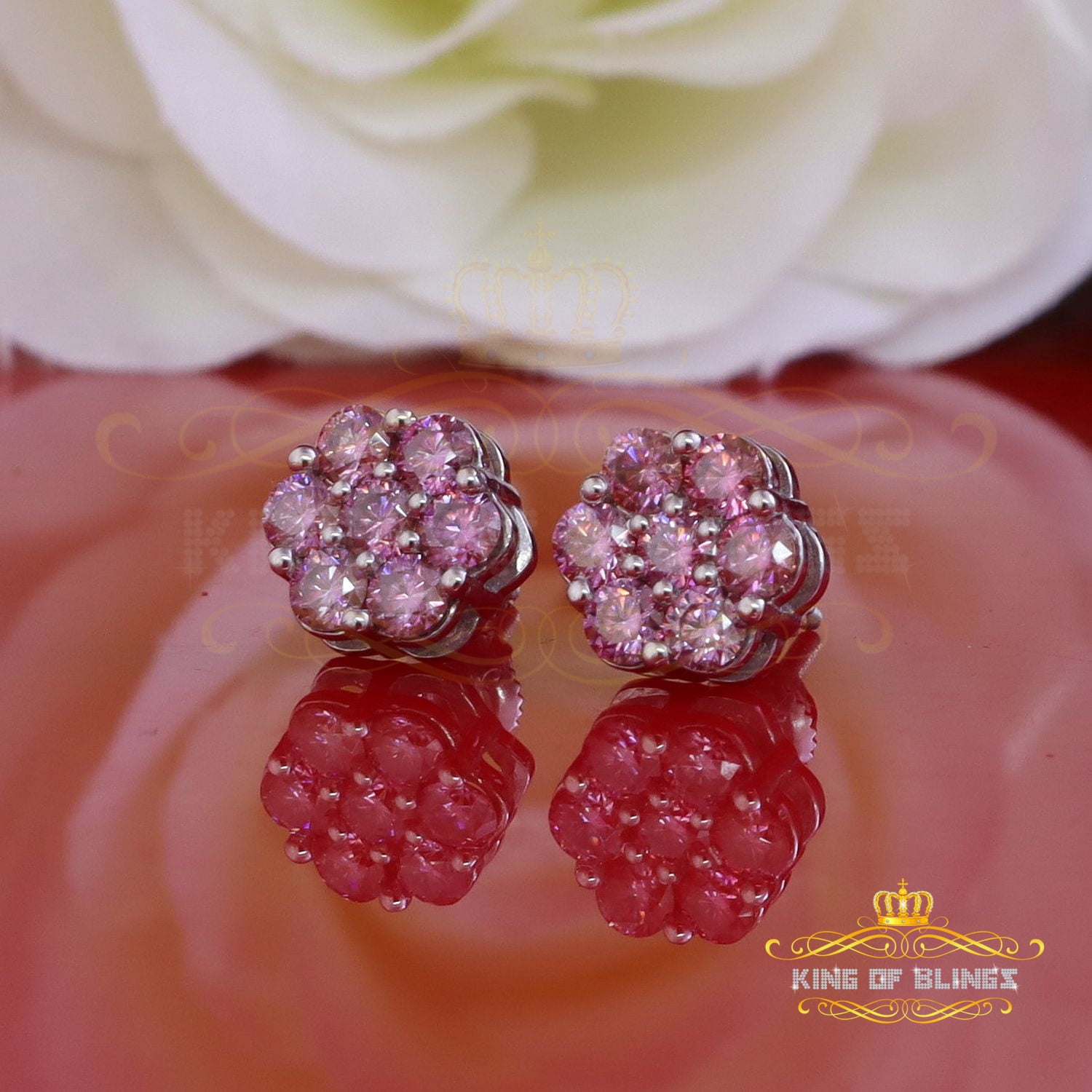 King of Bling's 925 Silver White 1.66ct VVS D Pink Moissanite Floral Men's/Women's Stud Earrings