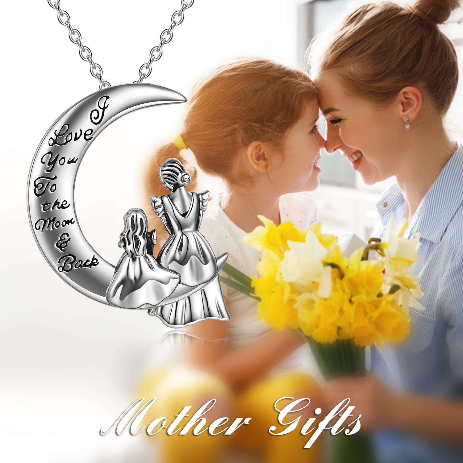WINNICACA S925 Sterling Silver Mother Daughter Necklace Moon Pendant Jewelry Mothers Day Gifts for Mom from Daughter