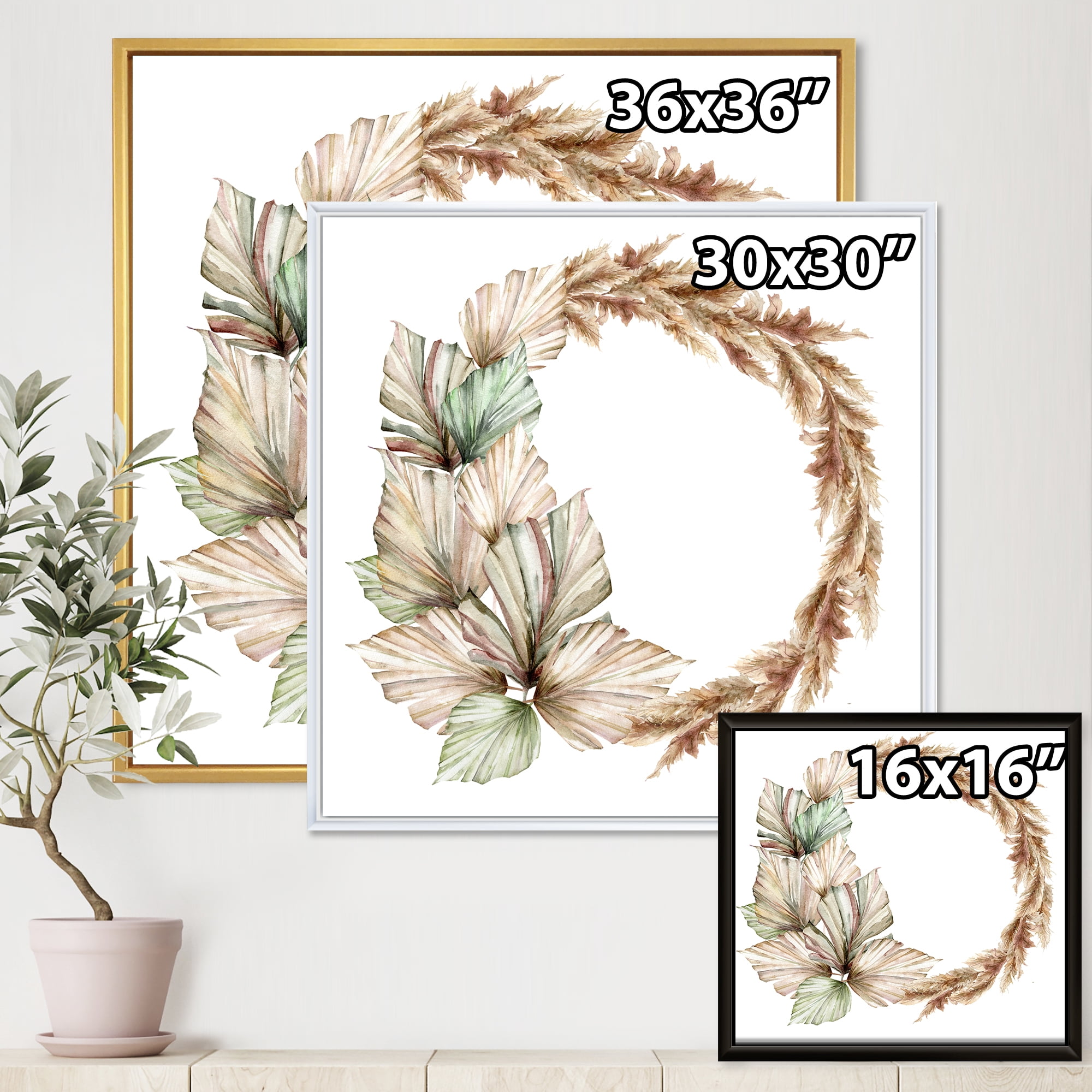 Designart 'Dry Palm Leaves and Pampas Grass With Wreath' Traditional Framed Canvas Wall Art Print
