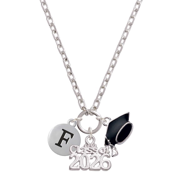 Delight Jewelry Silver-tone Capital Letter - F - Pebble Disc - Class of 2026 Graduation Zoey Charm Necklace, 28"
