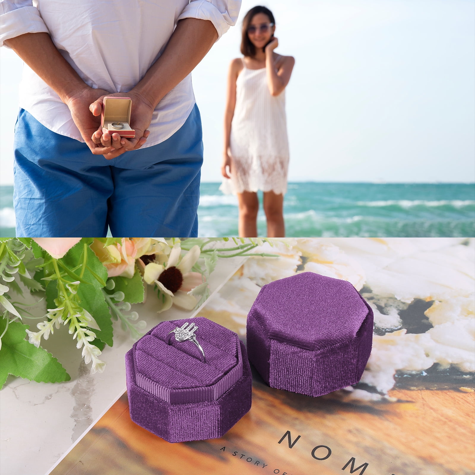 Unique Bargains Octagon Velvet Ring Box for Wedding Rings Deep Purple