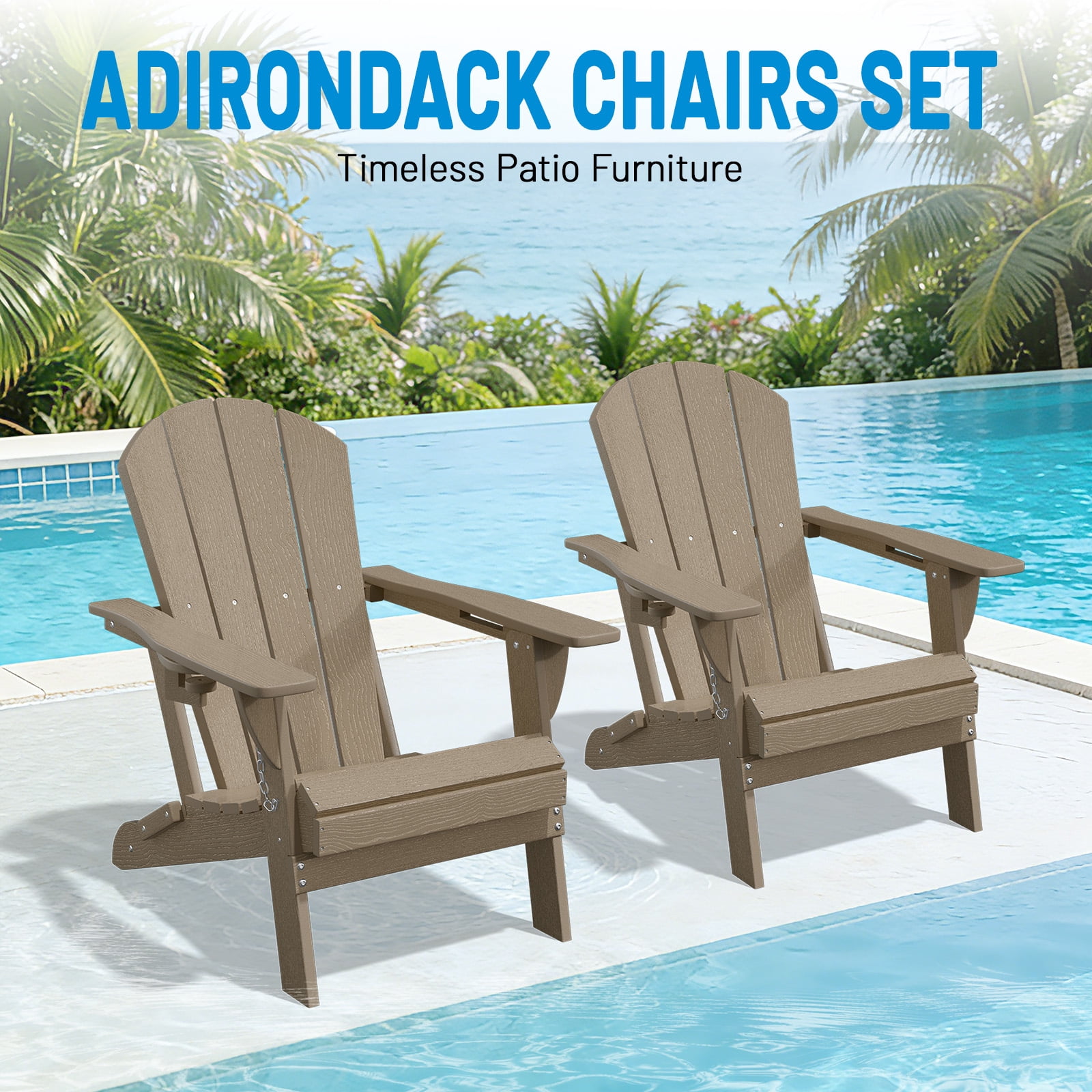 Easthome Adirondack Chair Set of 2, HDPE All-Weather Patio Chairs with Cup Holder & 380lb Capacity, Outdoor Lawn Chairs for Deck, Garden, Poolside, Patio - Brown
