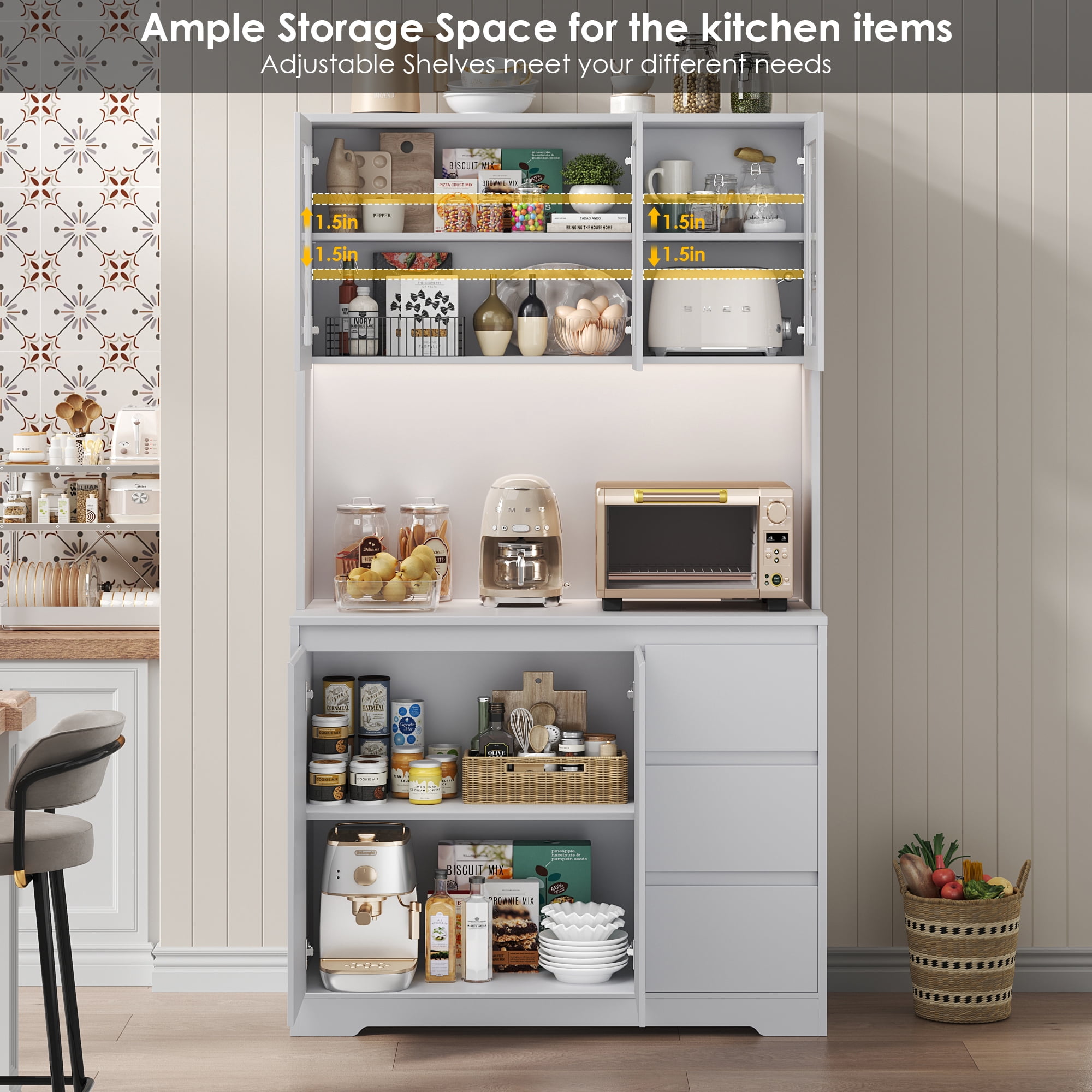 Homfa 70.9'' Kitchen Pantry Cabinet with Charging Station and LED Light, 3 Drawers Buffet Storage Cabinet with Glass Doors and Adjustable Shelves, Gray
