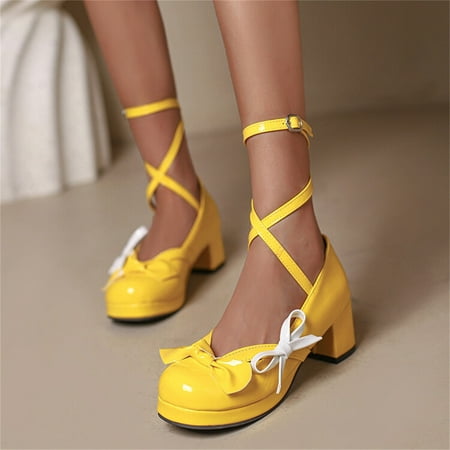

Cathalem Ladies Fashion Solid Color Bright Leather Bow Decorative Buckle Thick High Heeled Leather Pump High Heels for Women Yellow 9