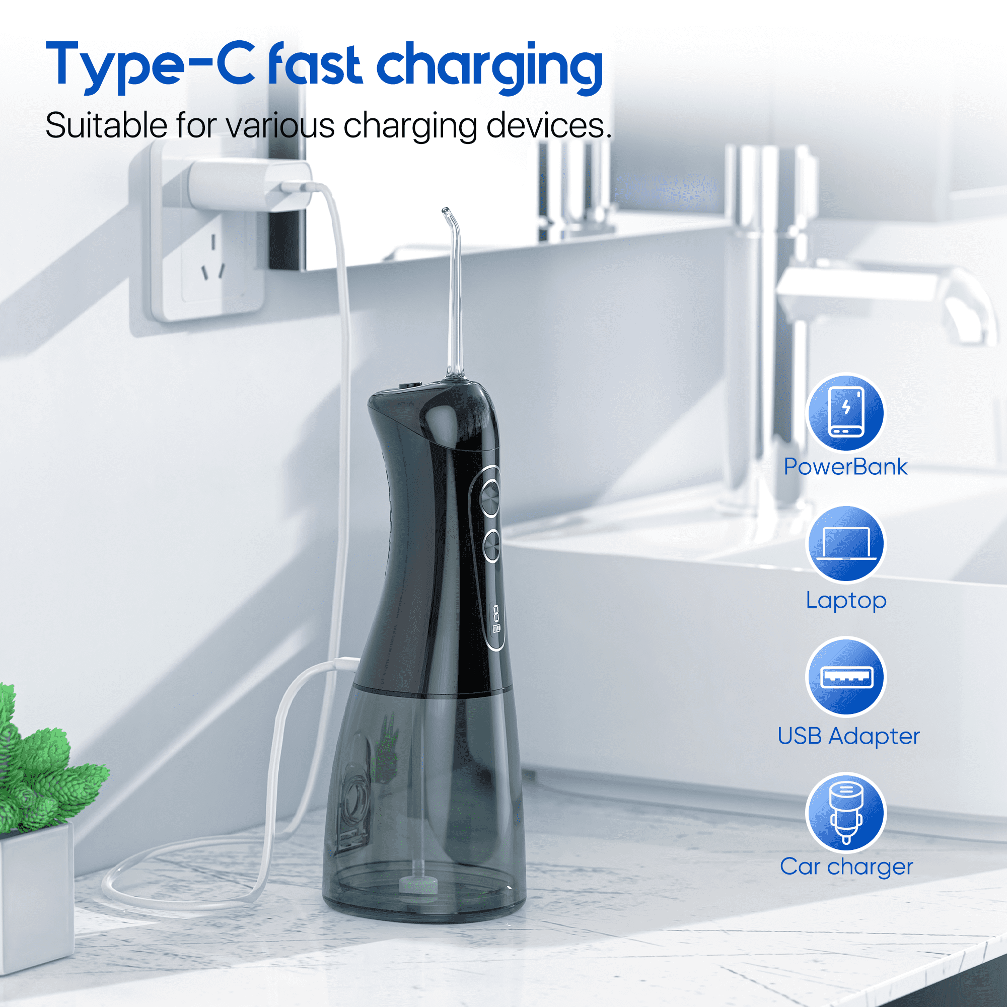 VIIWII Cordless Water Flosser , 400ML Large Tank Oral Irrigator, 8 Modes with LED Display, IPX7 Waterproof, Rechargeable Portable Dental Flosser for Home Travel (Black)