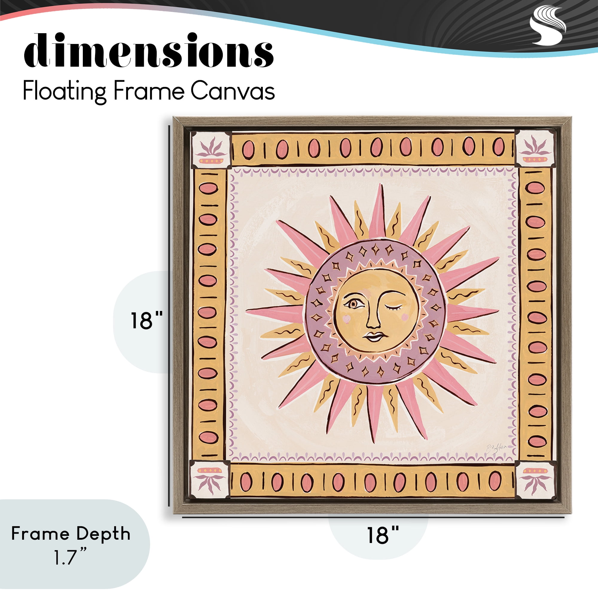 Stupell Industries Pastel Winking Sun with Border Brown Framed Floater Canvas Wall Art, design by Two If By Sea Studios