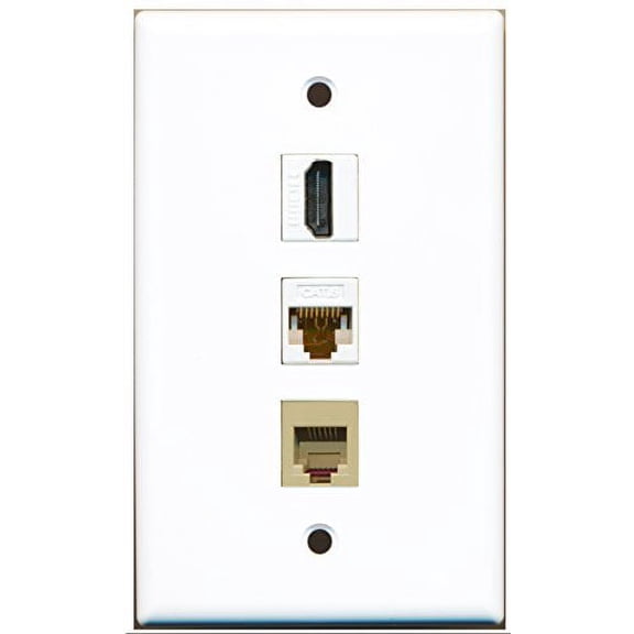 RiteAV - 1 Port HDMI and 1 Port Phone RJ11 RJ12 Beige and 1 Port Cat6 Ethernet White Wall Plate